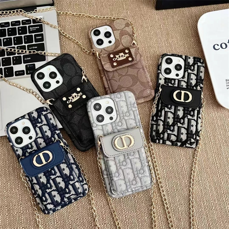 Dior Luxury iPhone Case with Chain, Card Slot, and Metal Logo Roxy New 2