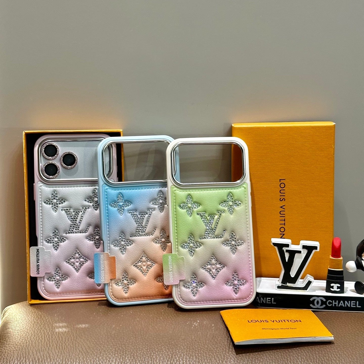 Gradient Crystal Monogram Leather Phone Case For iPhone 13-17