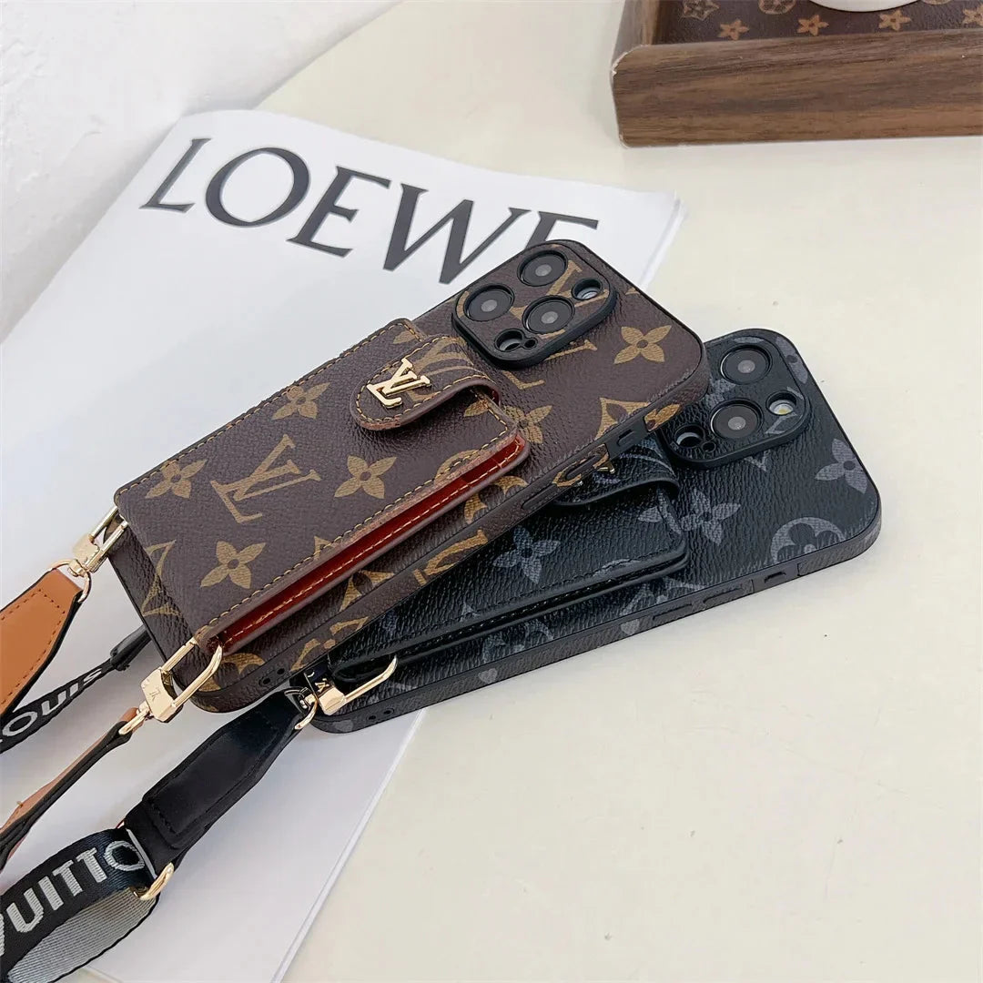 Monogram Canvas Leather Button Card Holder Crossbody iPhone Case Roxy New 2