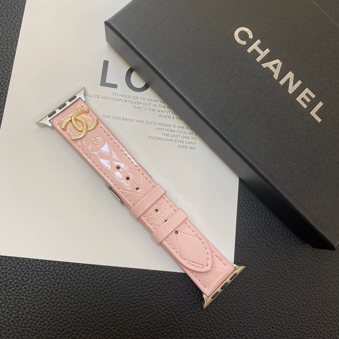Glossy Leather Apple Watch Strap Luxury Metal Logo Roxy New 2