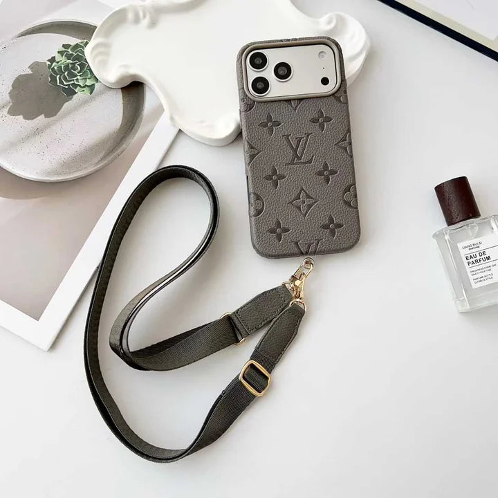 Elite Monogram Leather Case with Designer Crossbody Strapfor iPhone 13-17 Series