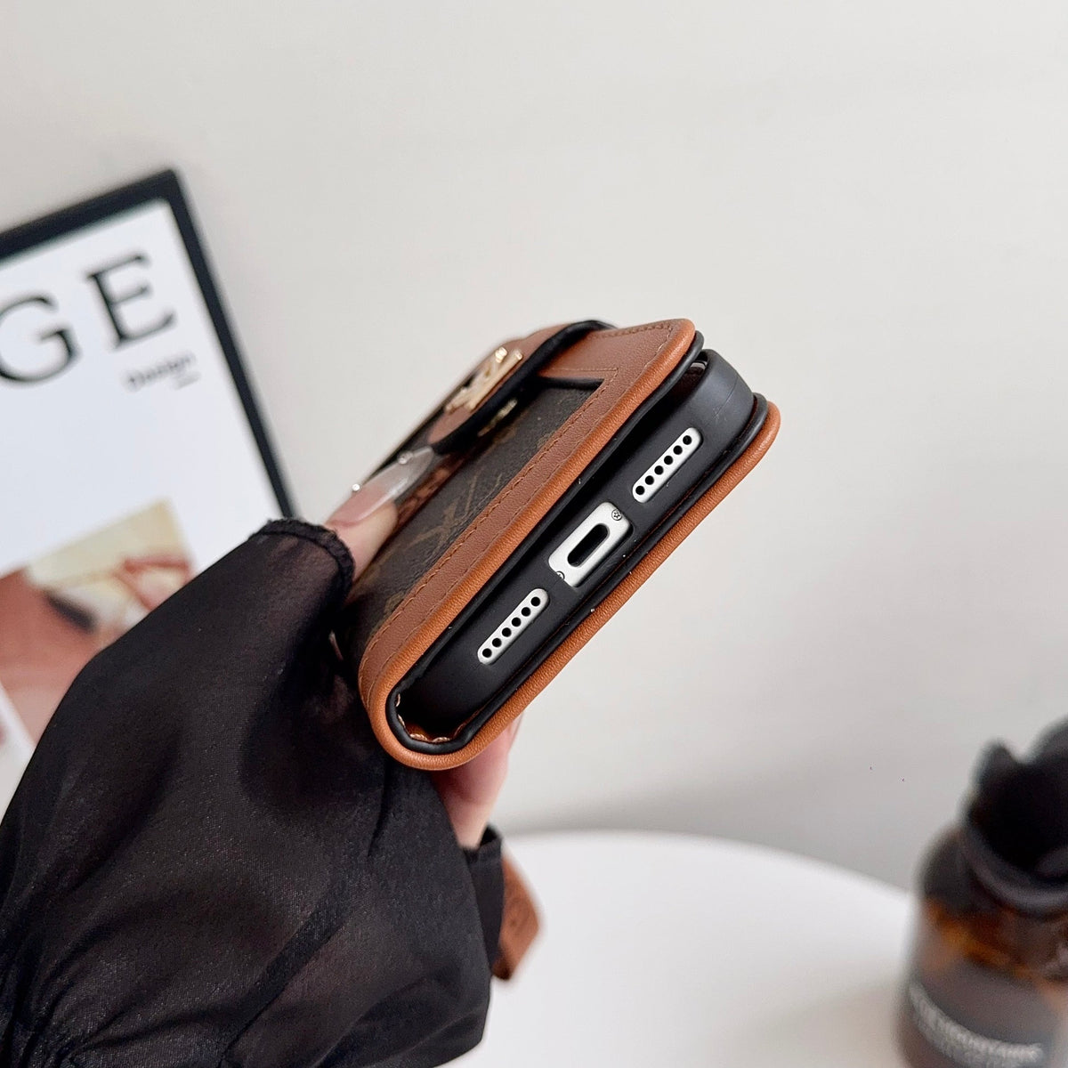 Leather Flip Monogram iPhone Case With Card Holder And Strap 12-18 Pro & Pro Max