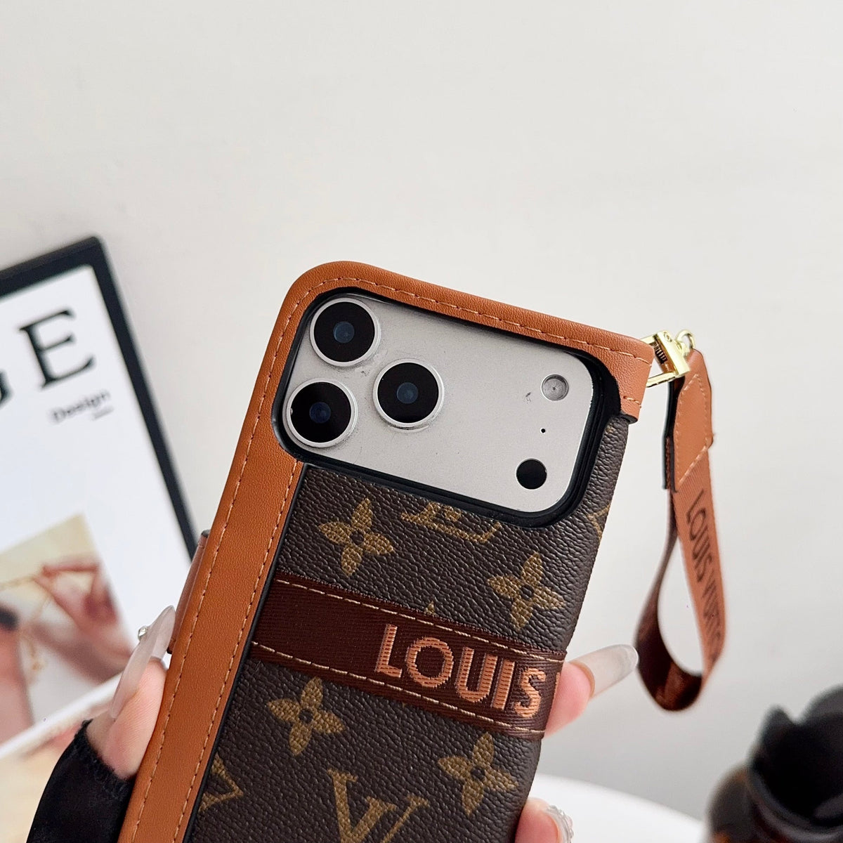 Leather Flip Monogram iPhone Case With Card Holder And Strap 12-18 Pro & Pro Max