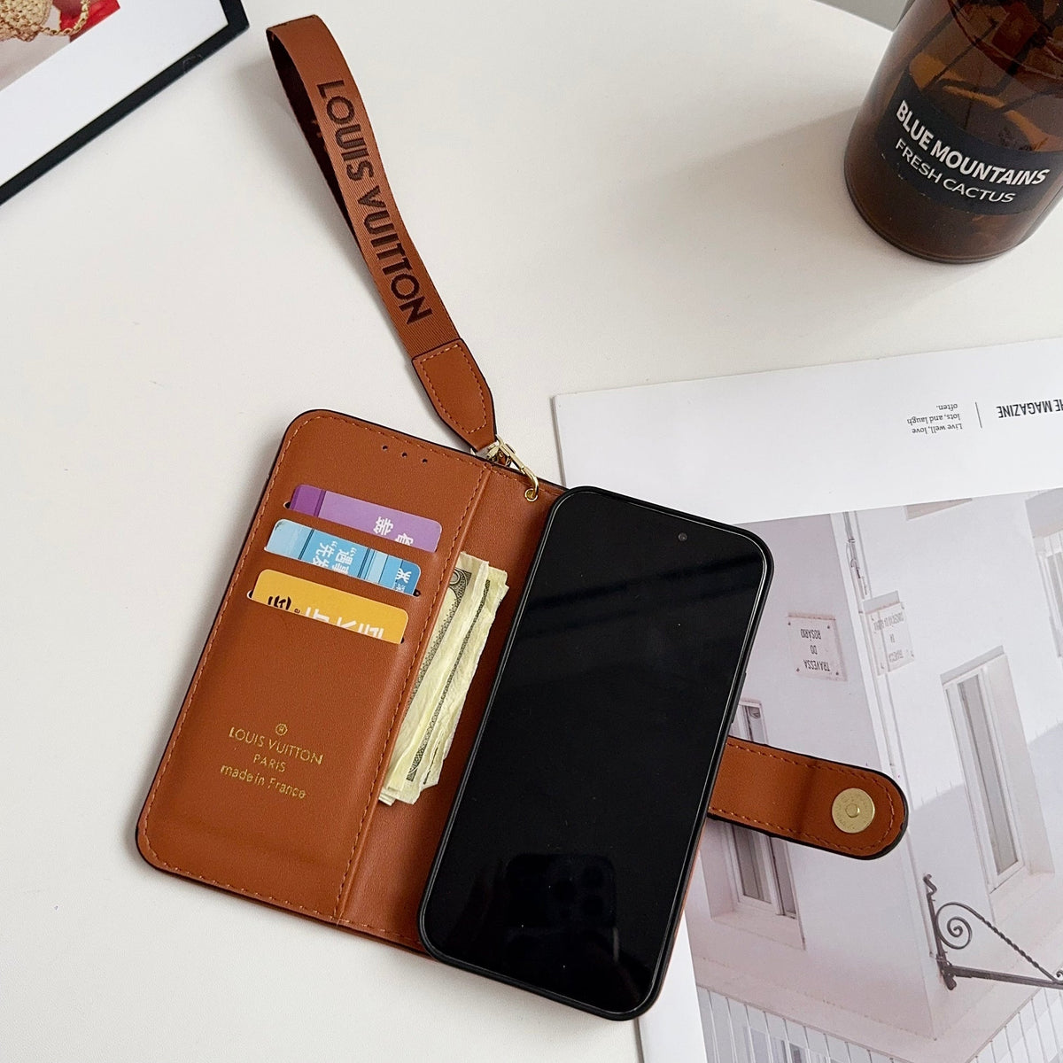 Leather Flip Monogram iPhone Case With Card Holder And Strap 12-18 Pro & Pro Max