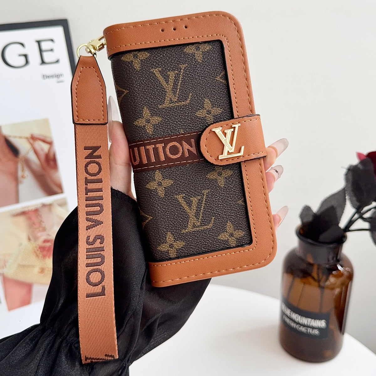 Leather Flip Monogram iPhone Case With Card Holder And Strap 12-18 Pro & Pro Max