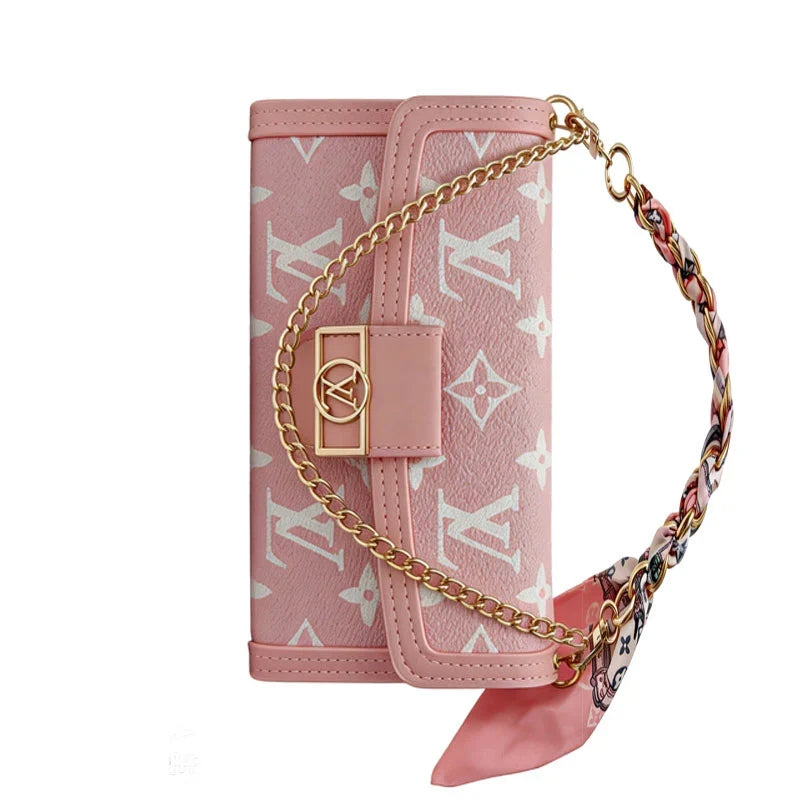 Luxury Leather Louis Vuitton iPhone Case With Flip Wallet And Chain 12-18 Pro & Pro Max