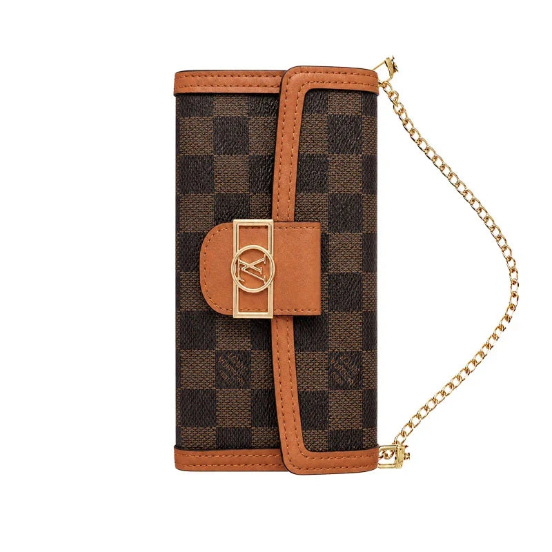 Luxury Leather Monogram iPhone Case With Flip Wallet And Crossbody Strap for iPhone 12-18 Pro & Pro Max