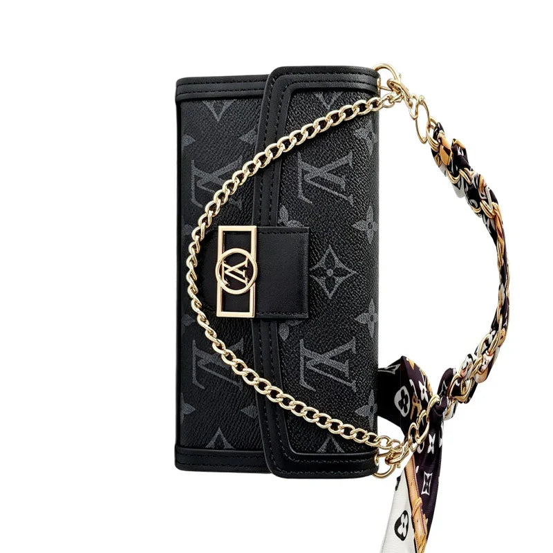 Luxury Leather Louis Vuitton iPhone Case With Flip Wallet And Chain 12-18 Pro & Pro Max