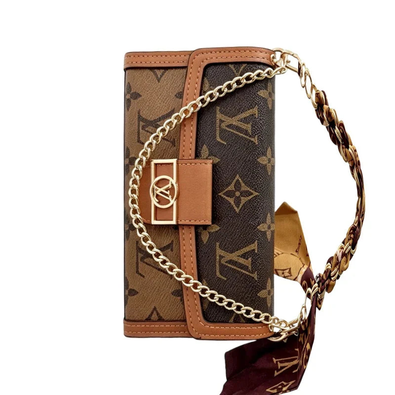 Luxury Leather Louis Vuitton iPhone Case With Flip Wallet And Chain 12-18 Pro & Pro Max