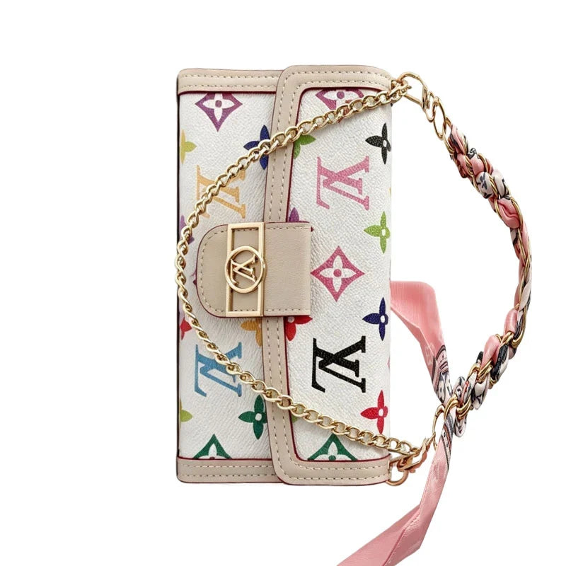 Luxury Leather Louis Vuitton iPhone Case With Flip Wallet And Chain 12-18 Pro & Pro Max