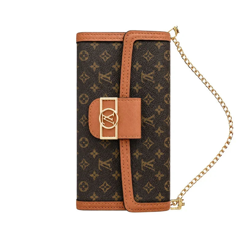Luxury Leather Monogram iPhone Case With Flip Wallet And Crossbody Strap for iPhone 12-18 Pro & Pro Max