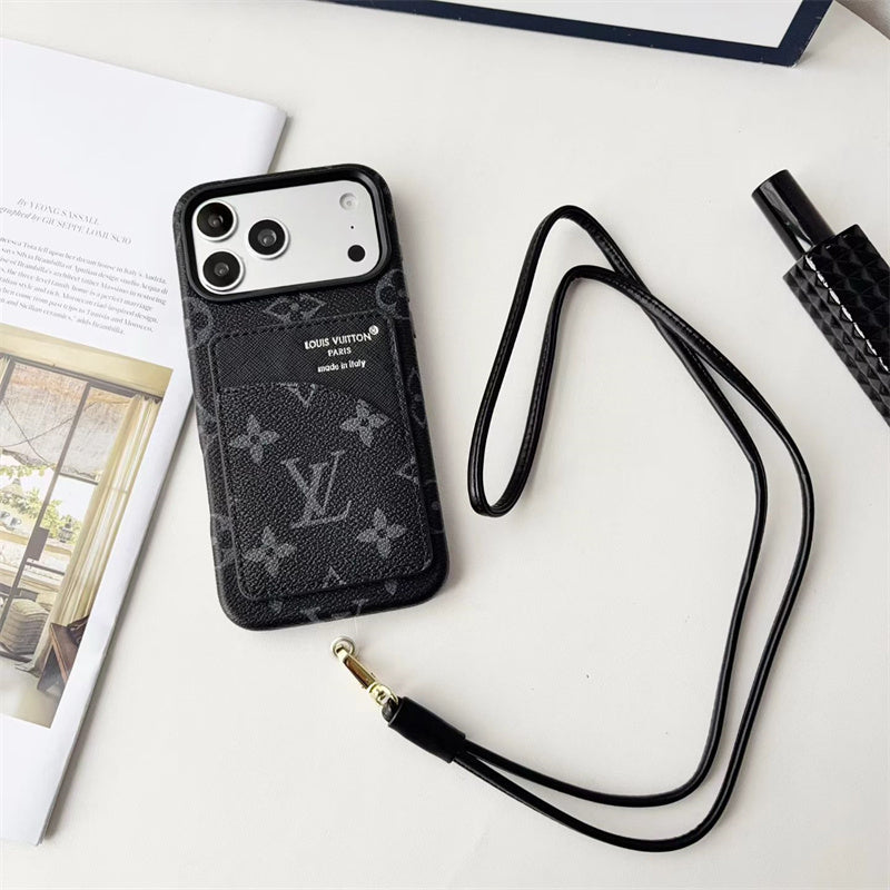 Luxury Monogram Cardholder Phone Case with Lanyard Strap For iPhone 13-18