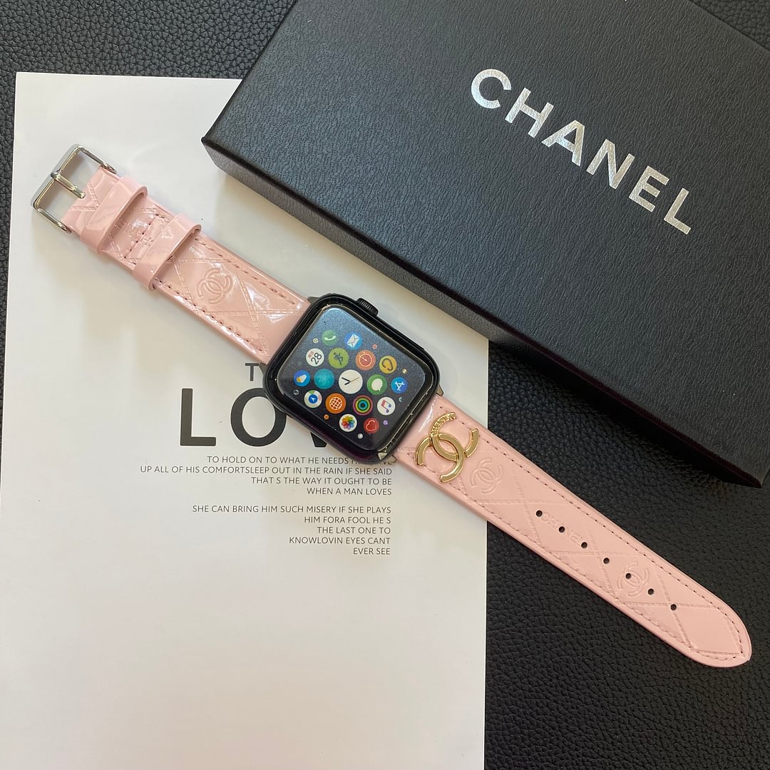 Glossy Leather Apple Watch Strap Luxury Metal Logo Roxy New 2