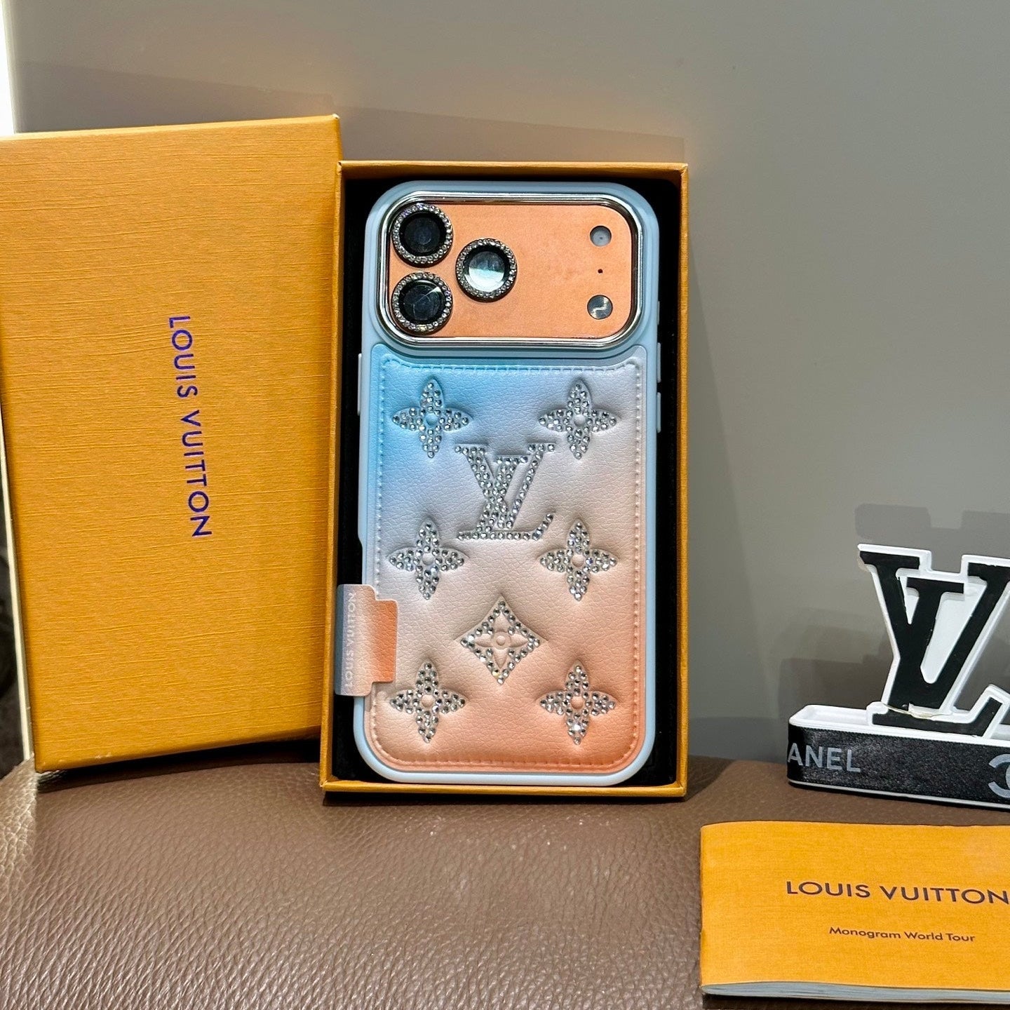 Gradient Crystal Monogram Leather Phone Case For iPhone 13-17