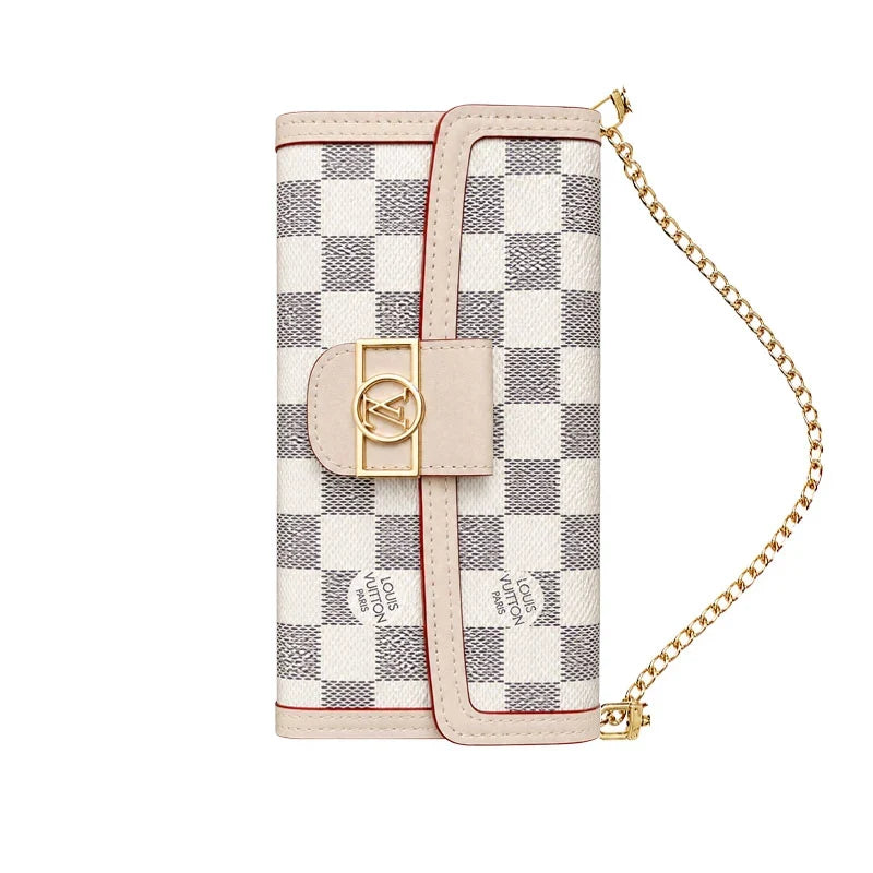 Luxury Leather Monogram iPhone Case With Flip Wallet And Crossbody Strap for iPhone 12-18 Pro & Pro Max