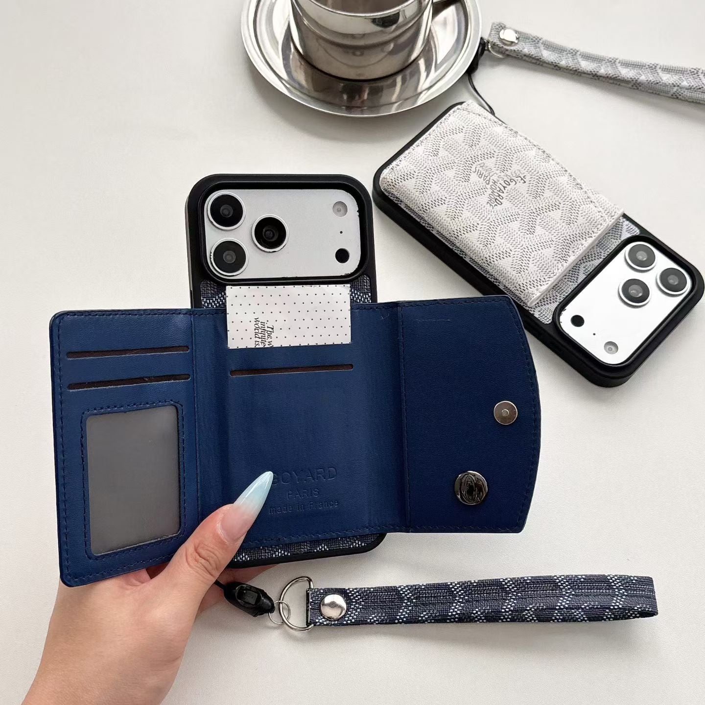 Luxury GYD Pattern Tri-Fold Wallet Phone Case with Matching Wristlet Strap