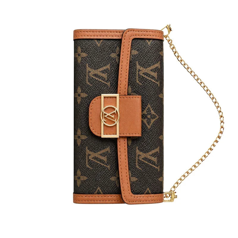 Luxury Leather Monogram iPhone Case With Flip Wallet And Crossbody Strap for iPhone 12-18 Pro & Pro Max