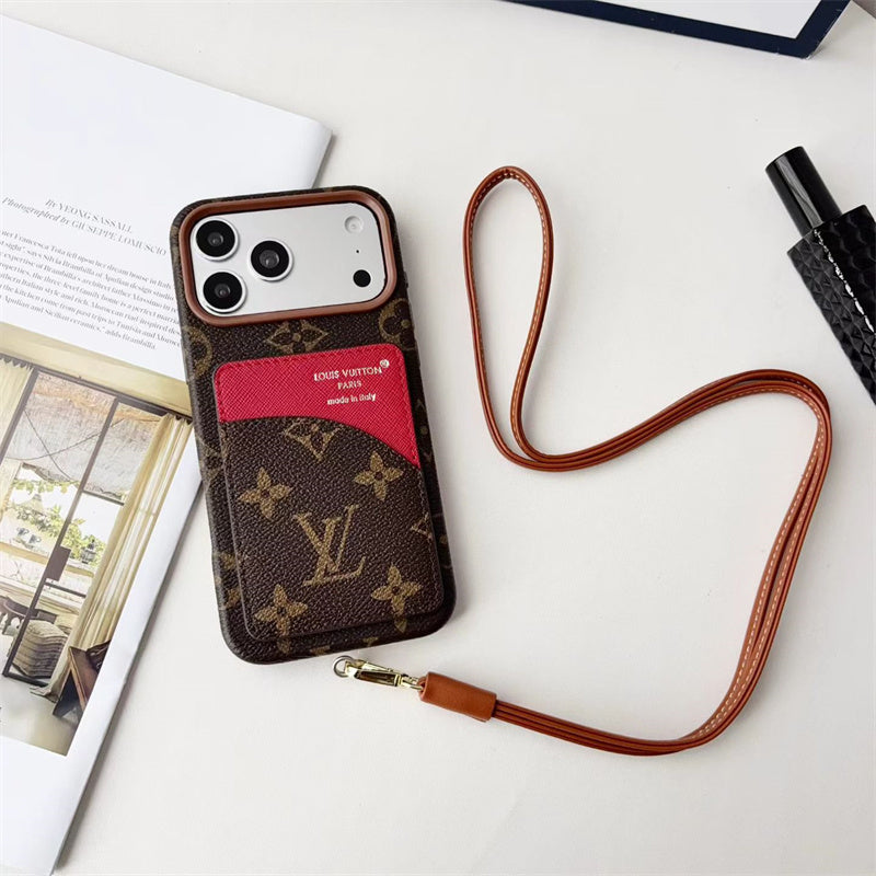 Luxury Monogram Cardholder Phone Case with Lanyard Strap For iPhone 13-18