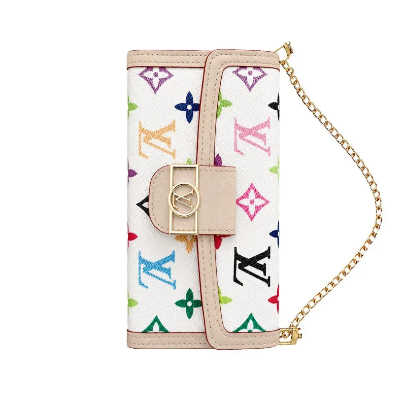 Luxury Leather Monogram iPhone Case With Flip Wallet And Crossbody Strap for iPhone 12-18 Pro & Pro Max