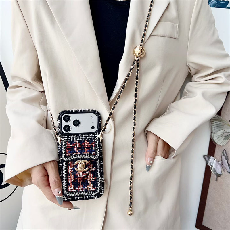 Luxury Tweed Designer iPhone Case | Classic Purse Style with Scarf Chain