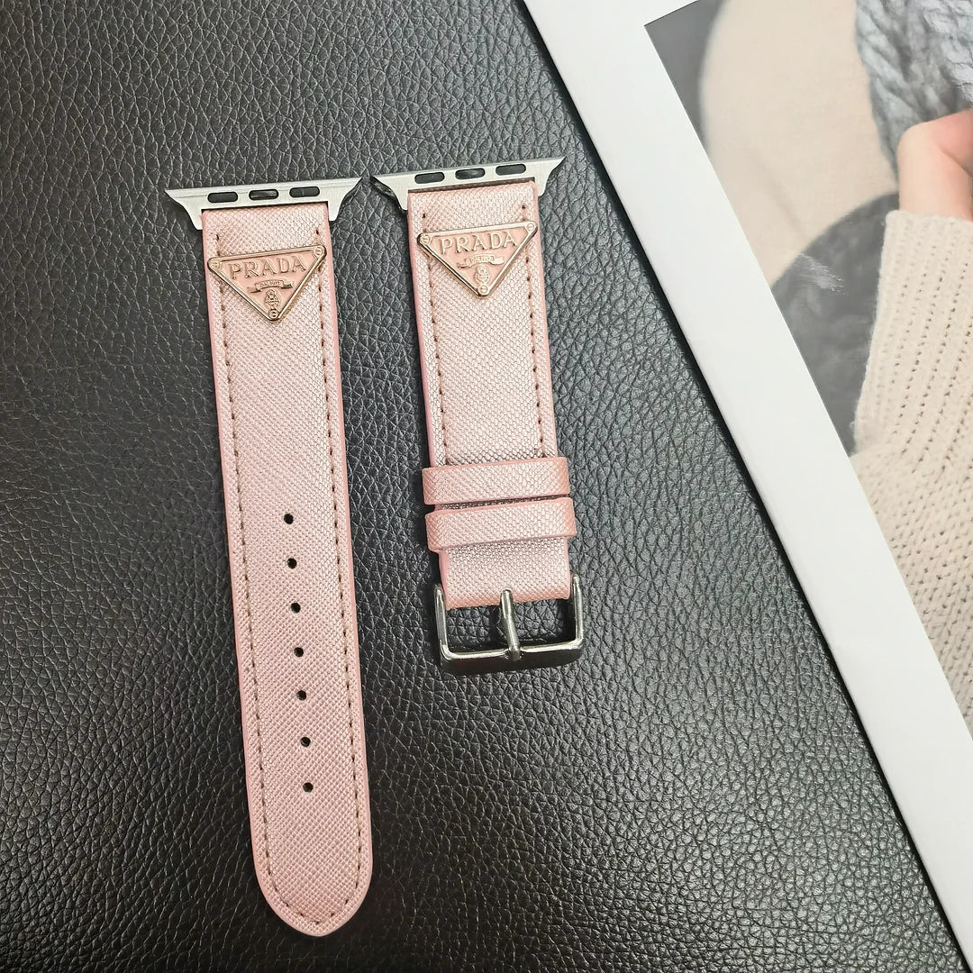 Double Triangle Monogram Label Leather Apple Watch Band Roxy New