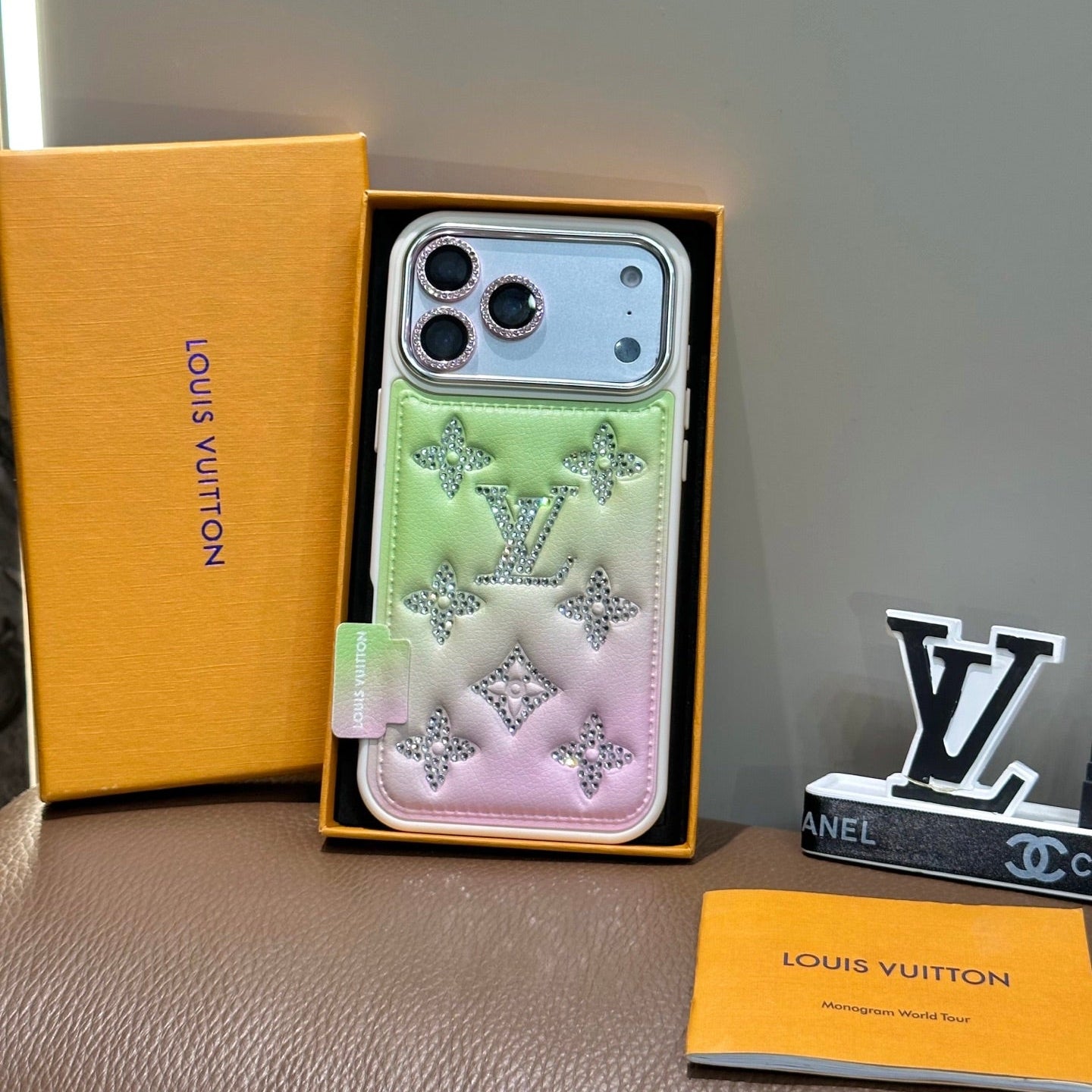 Gradient Crystal Monogram Leather Phone Case For iPhone 13-17