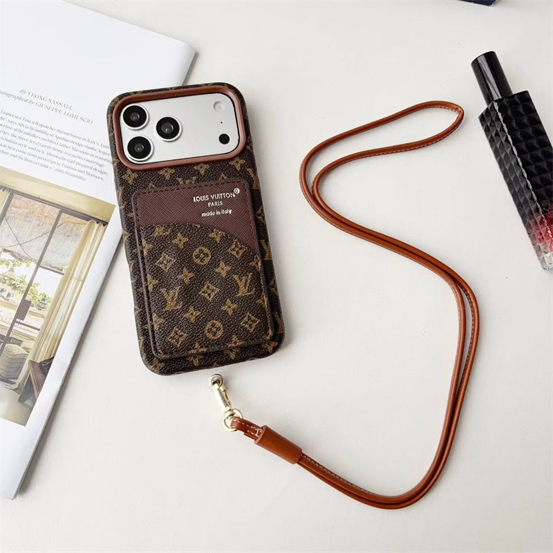 Luxury Monogram Cardholder Phone Case with Lanyard Strap For iPhone 13-18