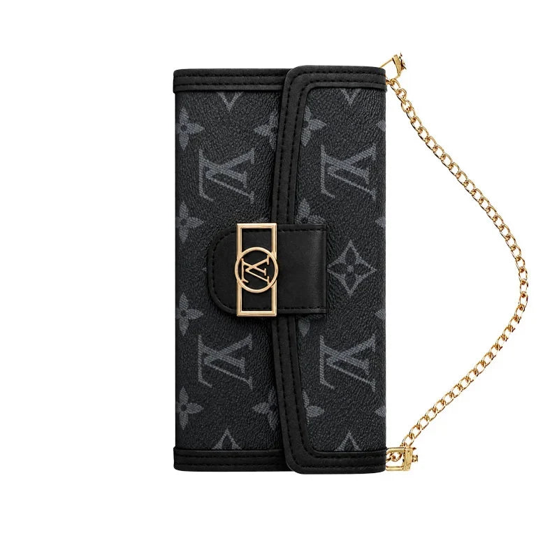 Luxury Leather Monogram iPhone Case With Flip Wallet And Crossbody Strap for iPhone 12-18 Pro & Pro Max