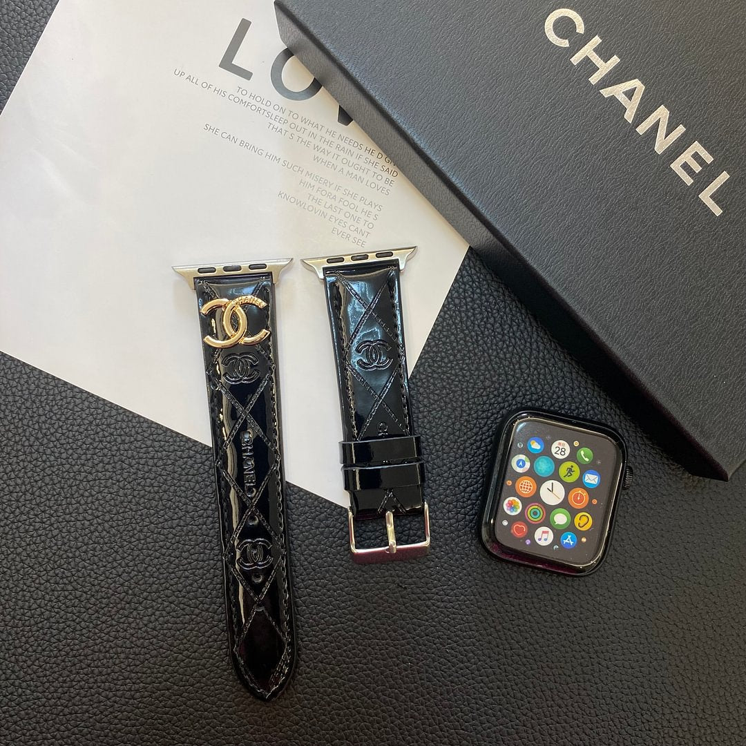 Glossy Leather Apple Watch Strap Luxury Metal Logo Roxy New 2