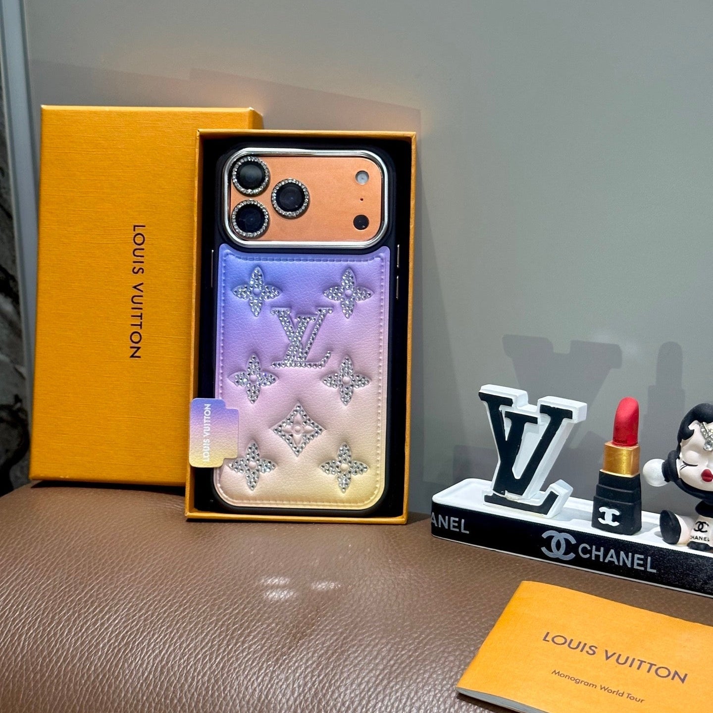 Gradient Crystal Monogram Leather Phone Case For iPhone 13-17