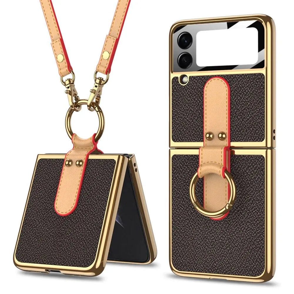 Original Case For Samsung Galaxy Z Flip 4/3 Case Luxury Plating Leather Strap Ring Stand Hard Cover - theroxymob