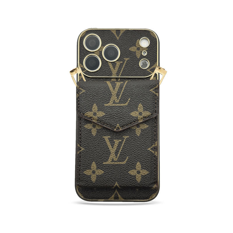 Premium Leather Monogram iPhone Case With Wallet And Crossbody Strap