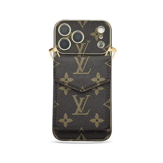 Premium Leather Monogram iPhone Case With Wallet And Crossbody Strap