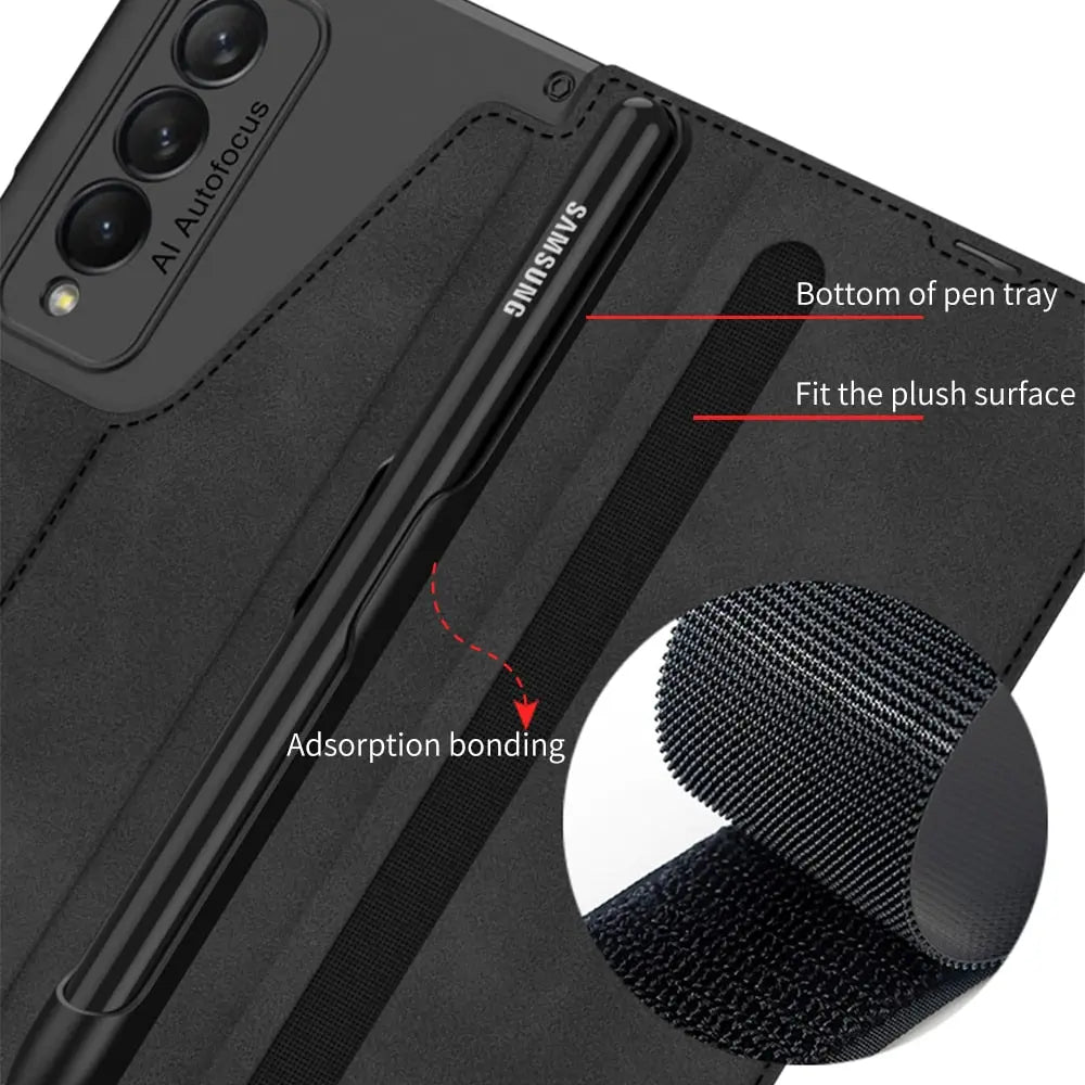 For Samsung Galaxy Z Fold 4 Removable Pen Slot Case Card Bag Fold Stand Phone Case Leather With Pen - theroxymob