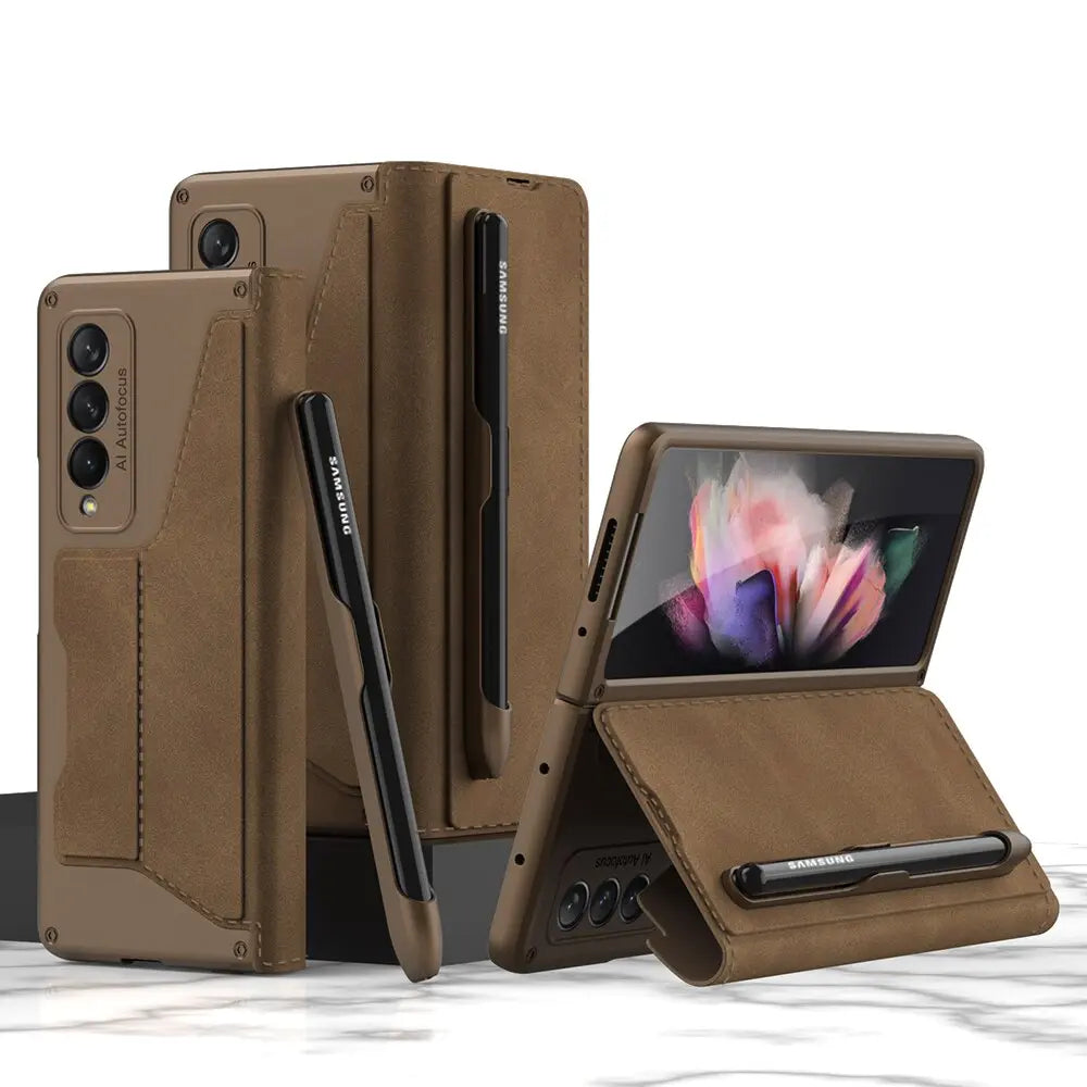 For Samsung Galaxy Z Fold 4 Removable Pen Slot Case Card Bag Fold Stand Phone Case Leather With Pen - theroxymob