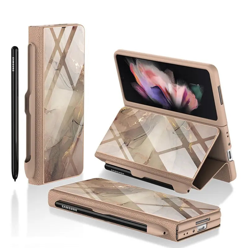 For Galaxy Z Fold 4 Case Holder Slot Leather and Tempered Glass Flip Stand Cover With S Pen - theroxymob