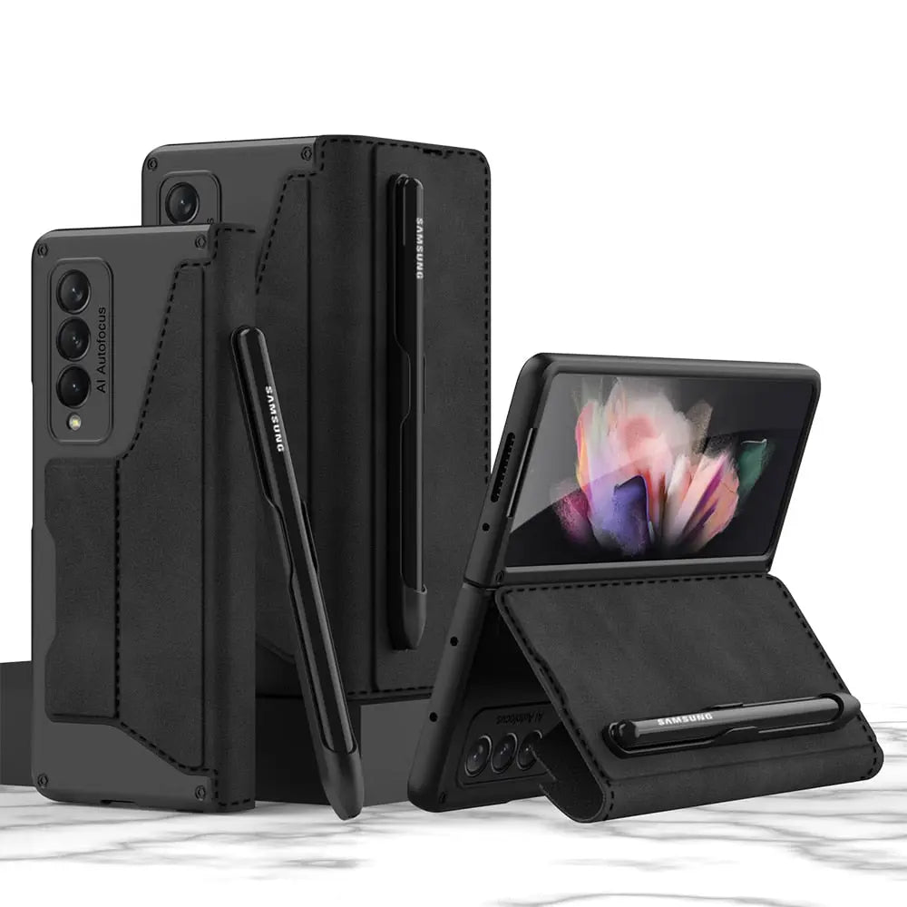 For Samsung Galaxy Z Fold 4 Removable Pen Slot Case Card Bag Fold Stand Phone Case Leather With Pen - theroxymob