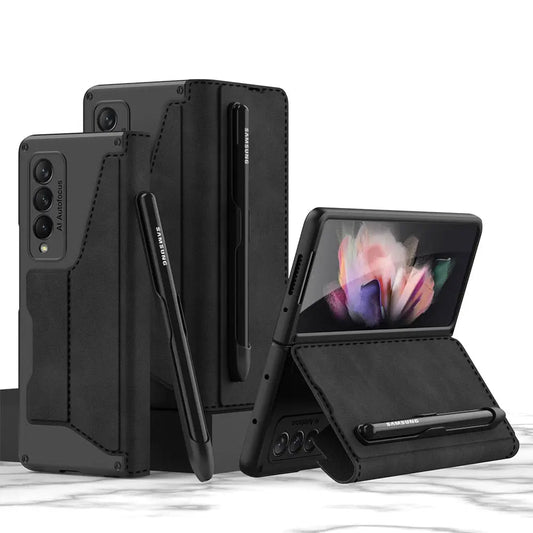 For Samsung Galaxy Z Fold 4 Removable Pen Slot Case Card Bag Fold Stand Phone Case Leather With Pen - theroxymob