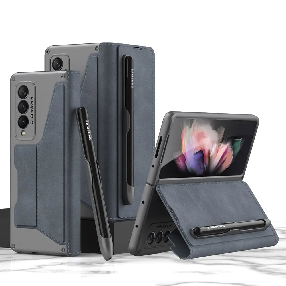 For Samsung Galaxy Z Fold 4 Removable Pen Slot Case Card Bag Fold Stand Phone Case Leather With Pen - theroxymob