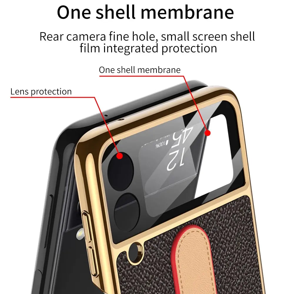 Original Case For Samsung Galaxy Z Flip 4/3 Case Luxury Plating Leather Strap Ring Stand Hard Cover - theroxymob