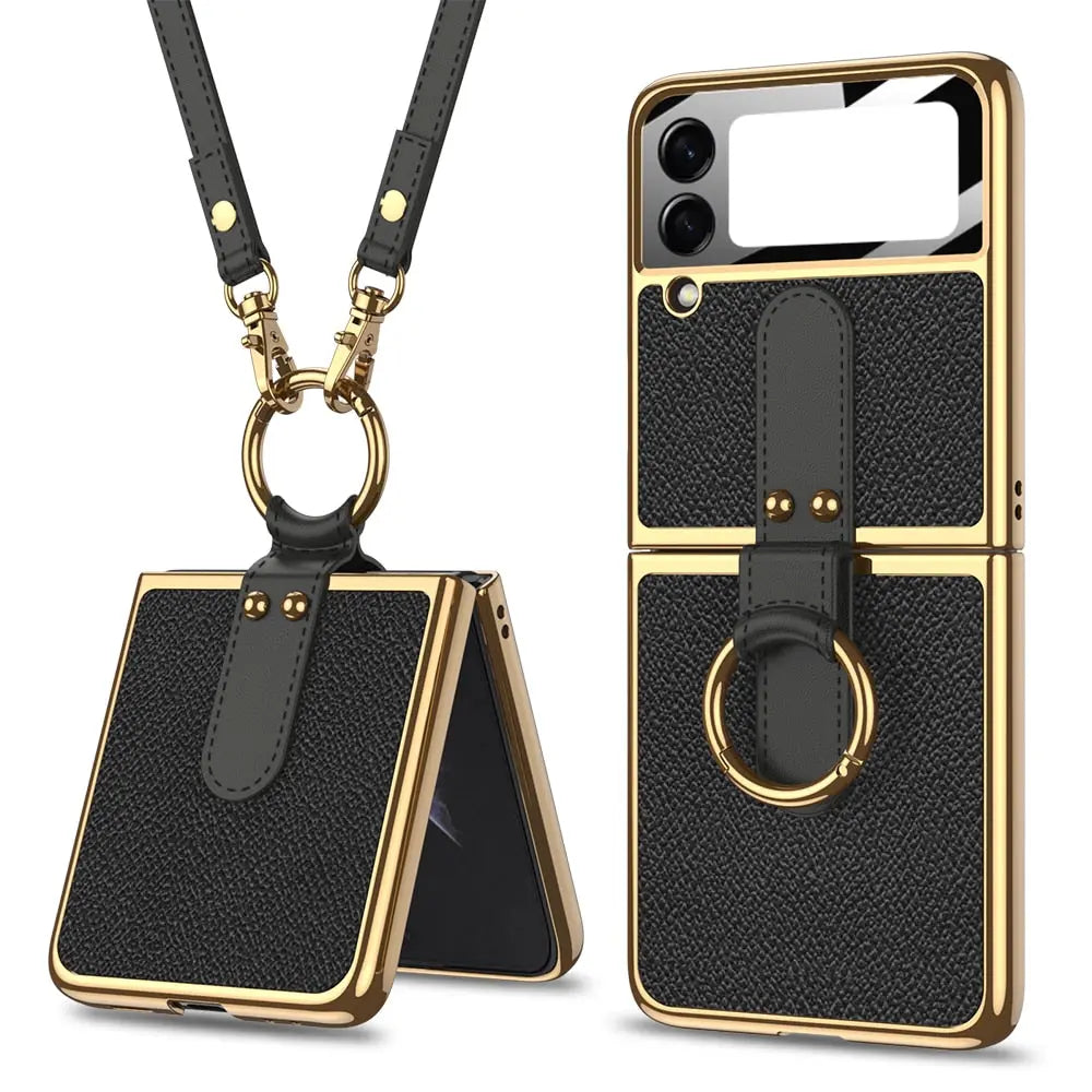 Original Case For Samsung Galaxy Z Flip 4/3 Case Luxury Plating Leather Strap Ring Stand Hard Cover - theroxymob