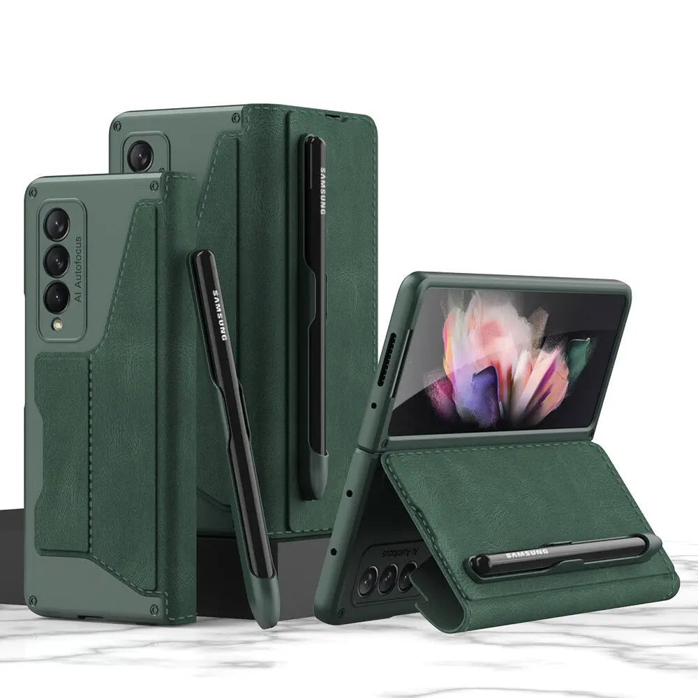 For Samsung Galaxy Z Fold 4 Removable Pen Slot Case Card Bag Fold Stand Phone Case Leather With Pen - theroxymob