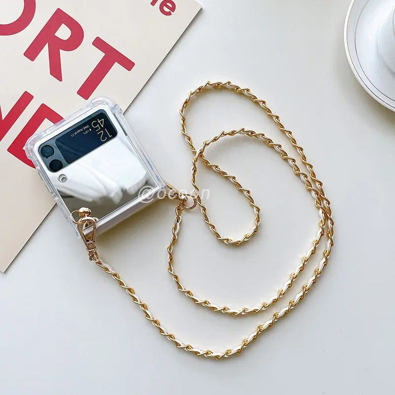 Mirror Case For Samsung Galaxy Z Flip 4 /3 Cover Fashion Makeup Necklace Lanyard StrapChain Shockproof - theroxymob