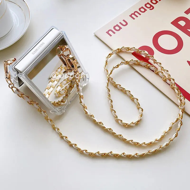 Mirror Case For Samsung Galaxy Z Flip 4 /3 Cover Fashion Makeup Necklace Lanyard StrapChain Shockproof - theroxymob