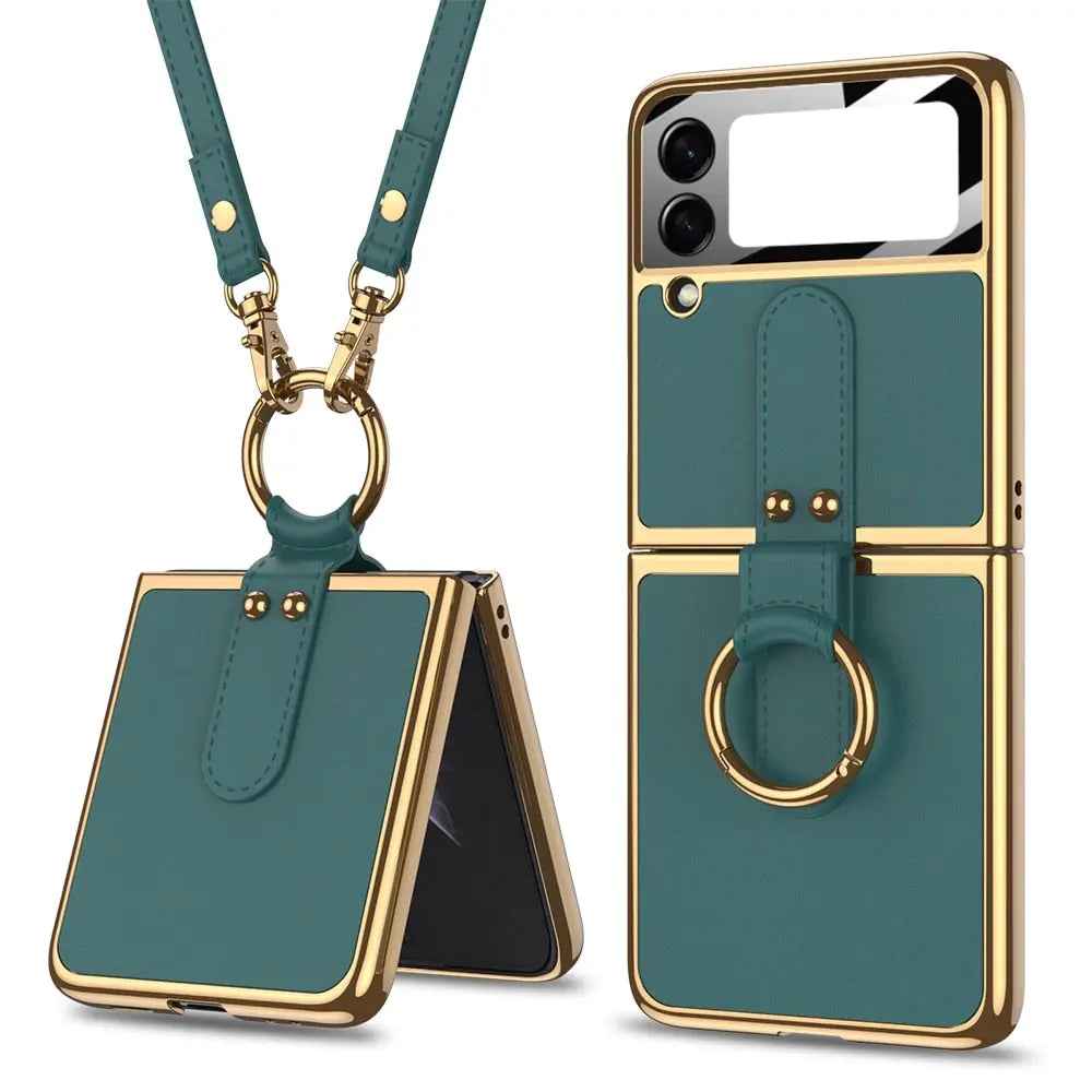 Original Case For Samsung Galaxy Z Flip 4/3 Case Luxury Plating Leather Strap Ring Stand Hard Cover - theroxymob