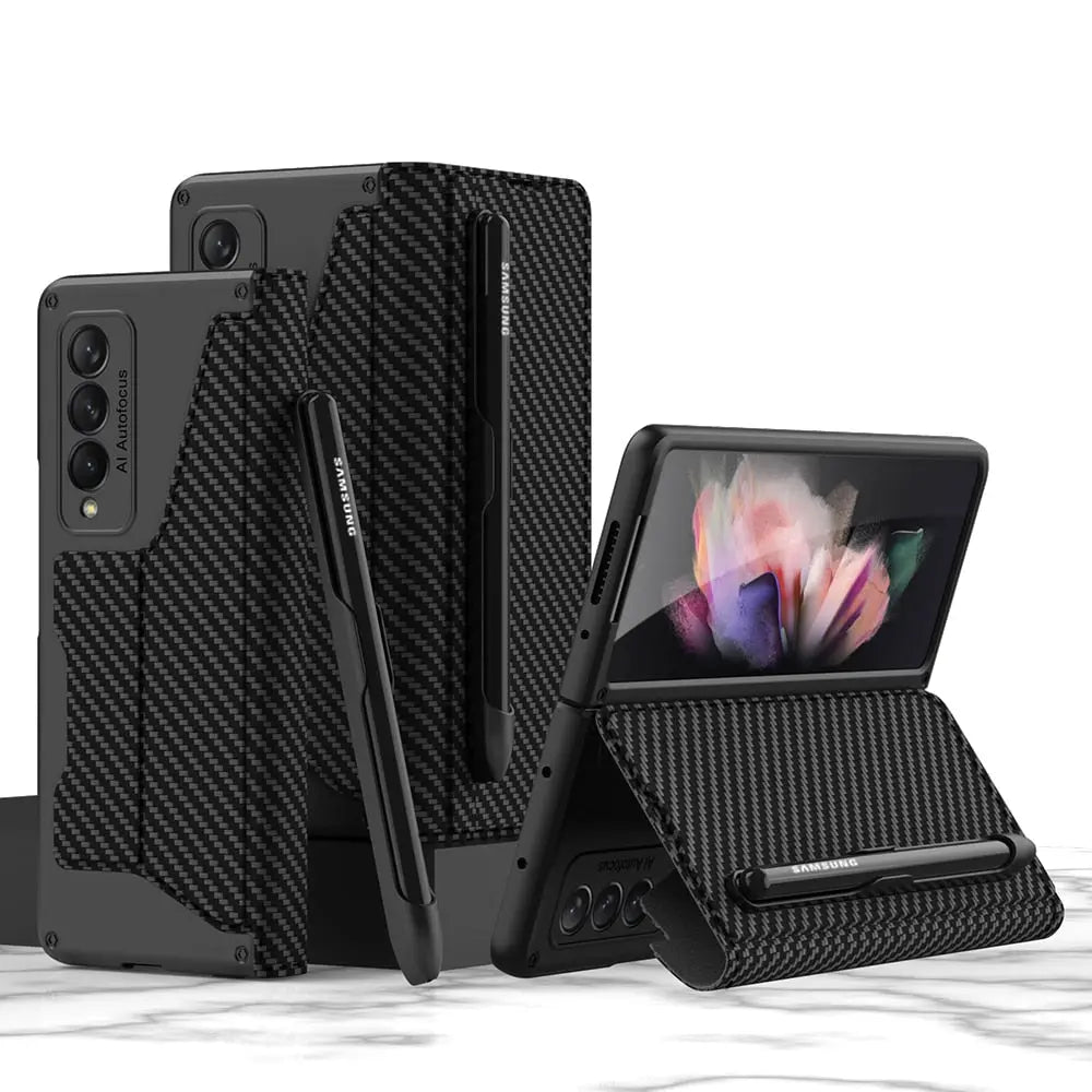 For Samsung Galaxy Z Fold 4 Removable Pen Slot Case Card Bag Fold Stand Phone Case Leather With Pen - theroxymob