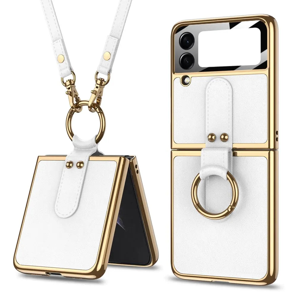 Original Case For Samsung Galaxy Z Flip 4/3 Case Luxury Plating Leather Strap Ring Stand Hard Cover - theroxymob