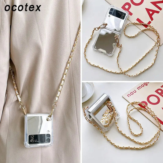 Mirror Case For Samsung Galaxy Z Flip 4 /3 Cover Fashion Makeup Necklace Lanyard StrapChain Shockproof - theroxymob