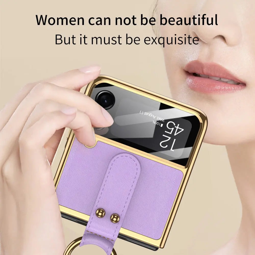 Original Case For Samsung Galaxy Z Flip 4/3 Case Luxury Plating Leather Strap Ring Stand Hard Cover - theroxymob
