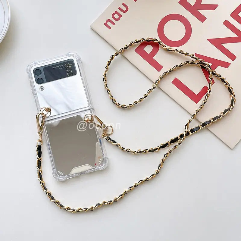Mirror Case For Samsung Galaxy Z Flip 4 /3 Cover Fashion Makeup Necklace Lanyard StrapChain Shockproof - theroxymob